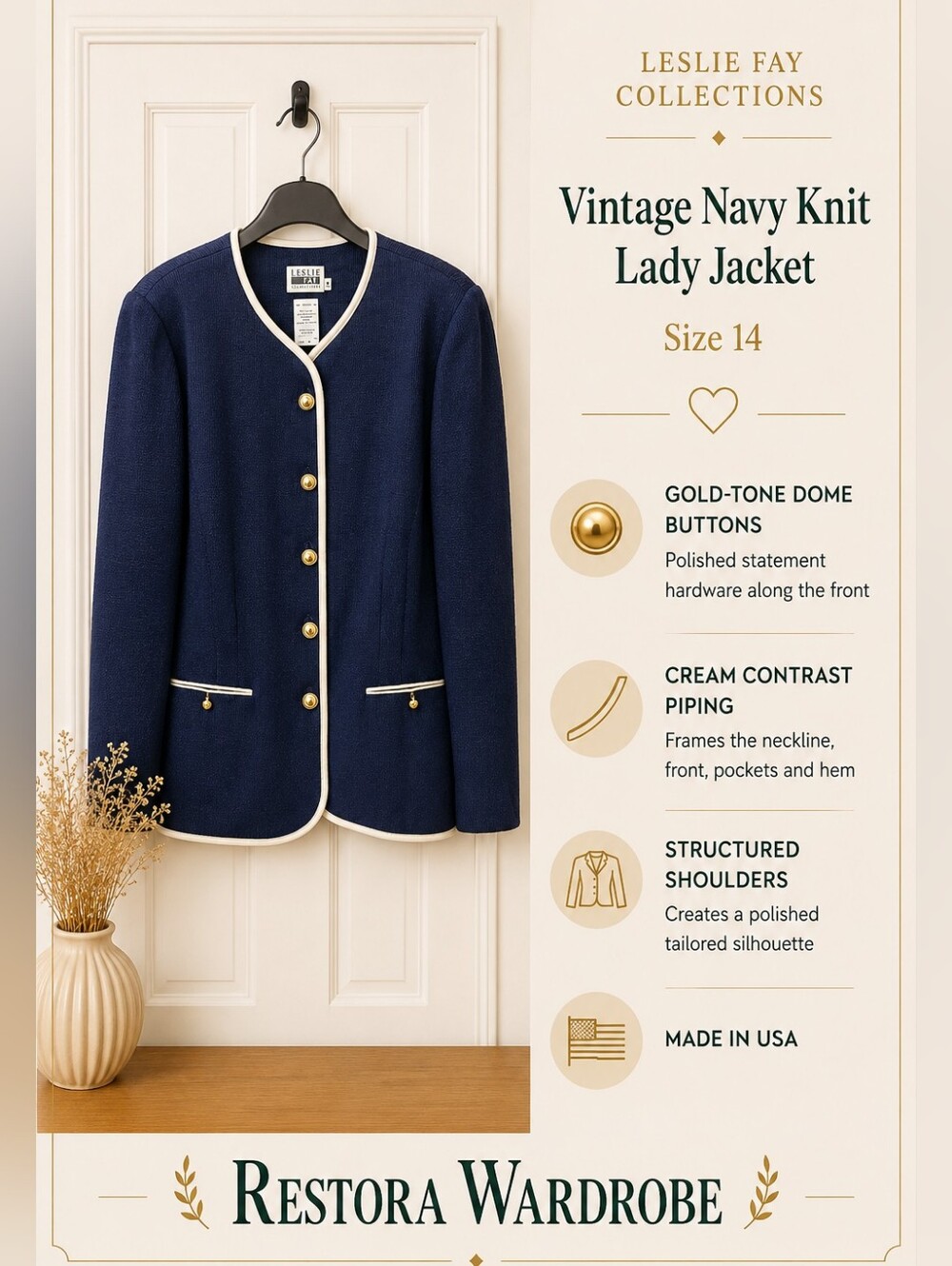 Leslie Fay Vintage Navy Knit Lady Jacket Gold Buttons Contrast Trim